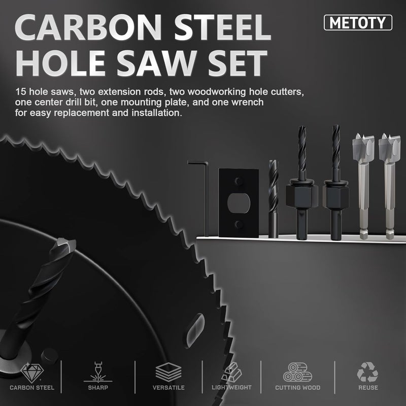 METOTO 22PCS Hole Saw Set - High Carbon Steel 19-152mm（3/4" to 6"） Blades for Drywall, Soft Wood, Plastic, PVC Professional Grade with Instant Support - Image 3